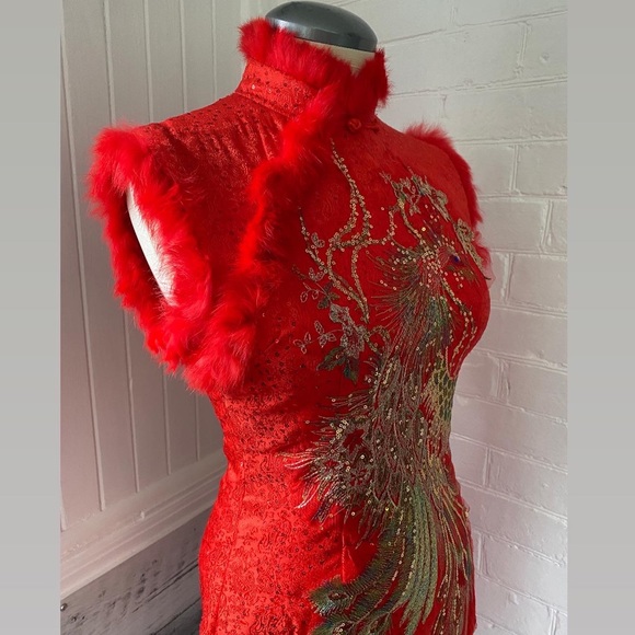 Embroidered mandarin collar dress with rabbit fur trim. - Picture 3 of 8